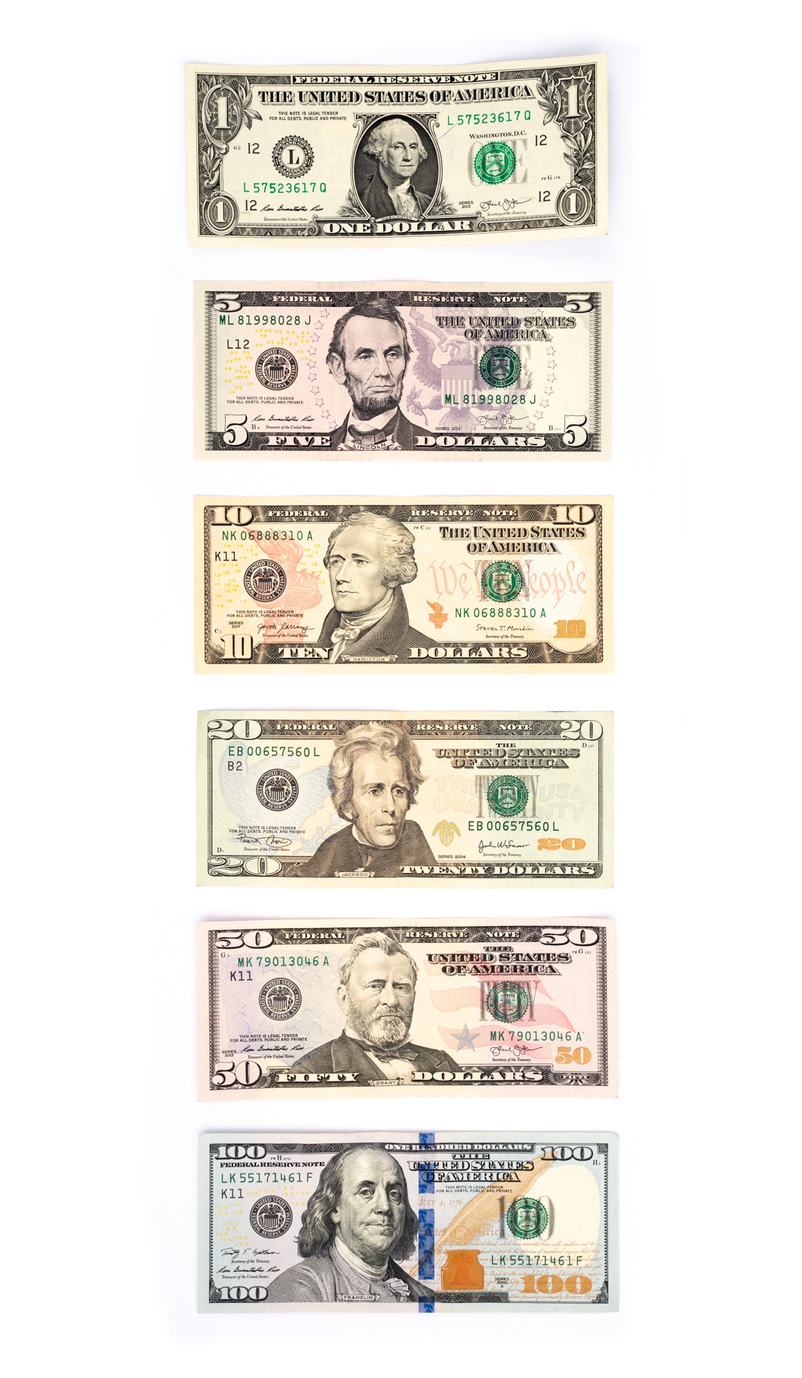 US Dollar banknotes $1 $2 and $5 front